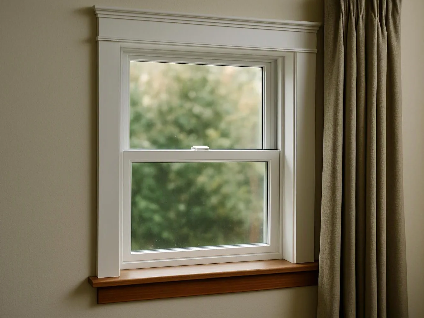 A white-framed window with beige curtains looks out onto blurred green trees