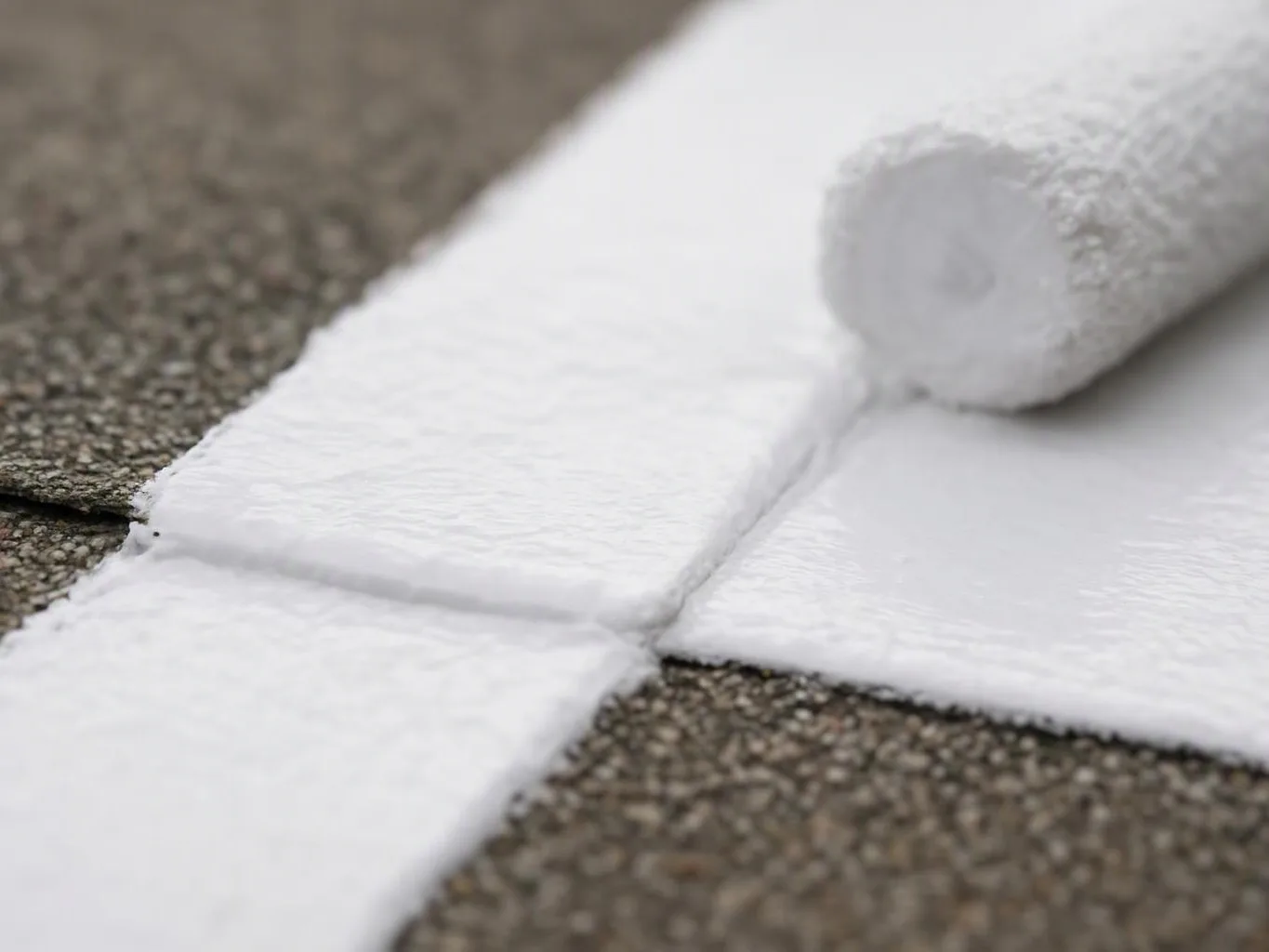 White rolled towels lie on a textured stone surface in a close-up view