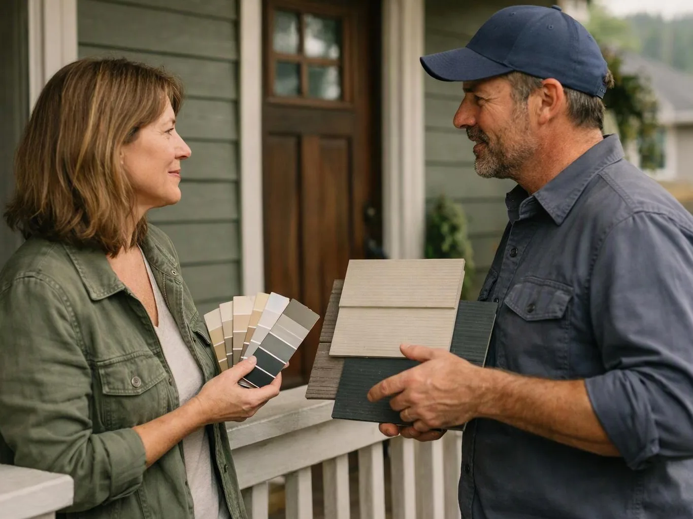 A woman and man compare paint and siding sample cards outside a house porch