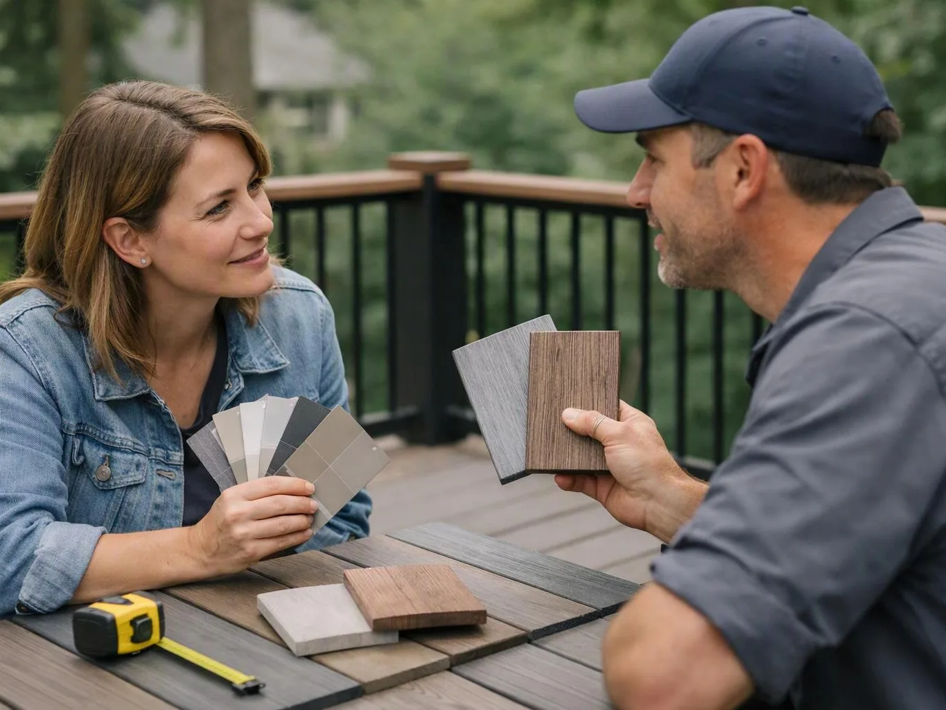 A woman and a man compare wood and color samples at an outdoor table on a deck