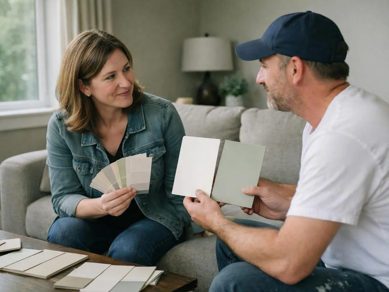 A woman and man sit on a sofa, comparing paint sample cards in a bright living room