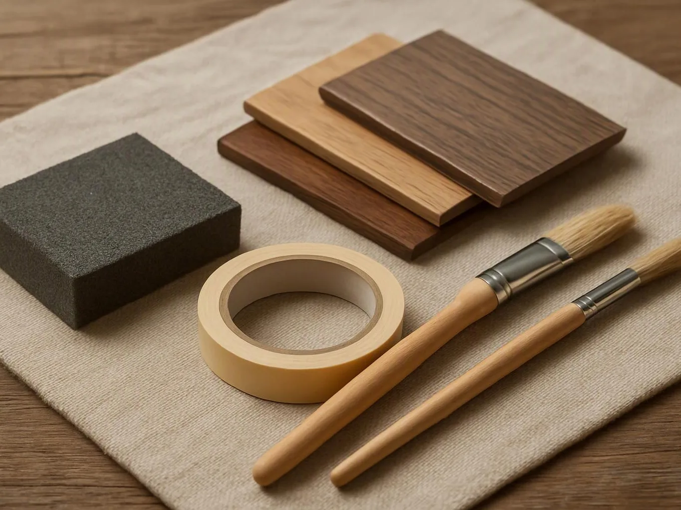 Wood samples, a sanding block, masking tape, and two paintbrushes lie on a cloth-covered table