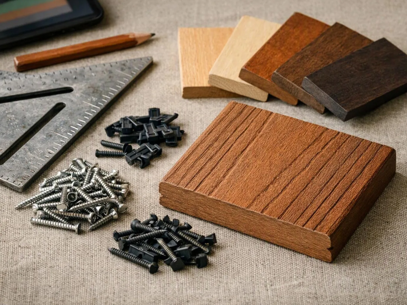 Wood samples, screws, a metal square, and a pencil lie on a textured fabric surface
