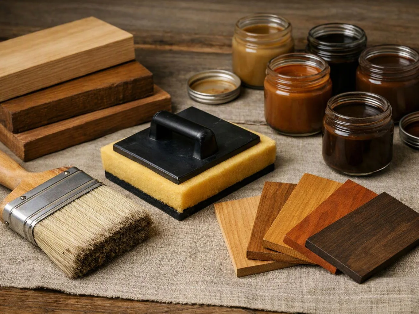 Wood samples, stain jars, a brush, and a sponge applicator sit on a cloth-covered worktable