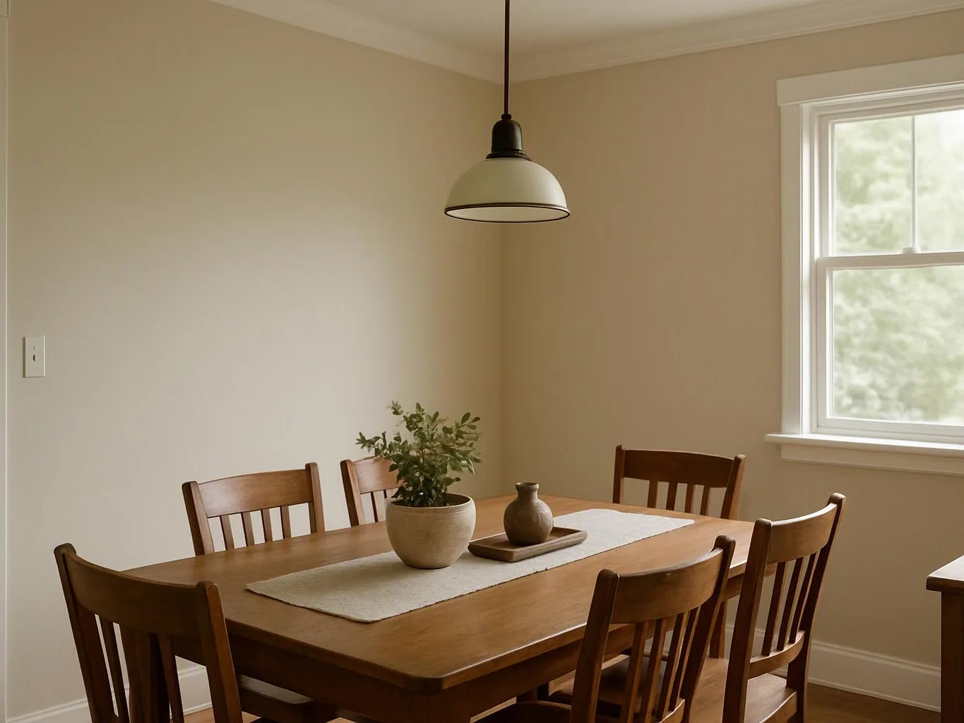 A wooden dining table with six chairs sits beside a bright window under a hanging pendant light