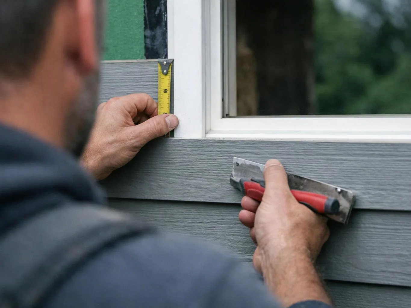 A worker measures and smooths gray siding around a white window frame on a house exterior