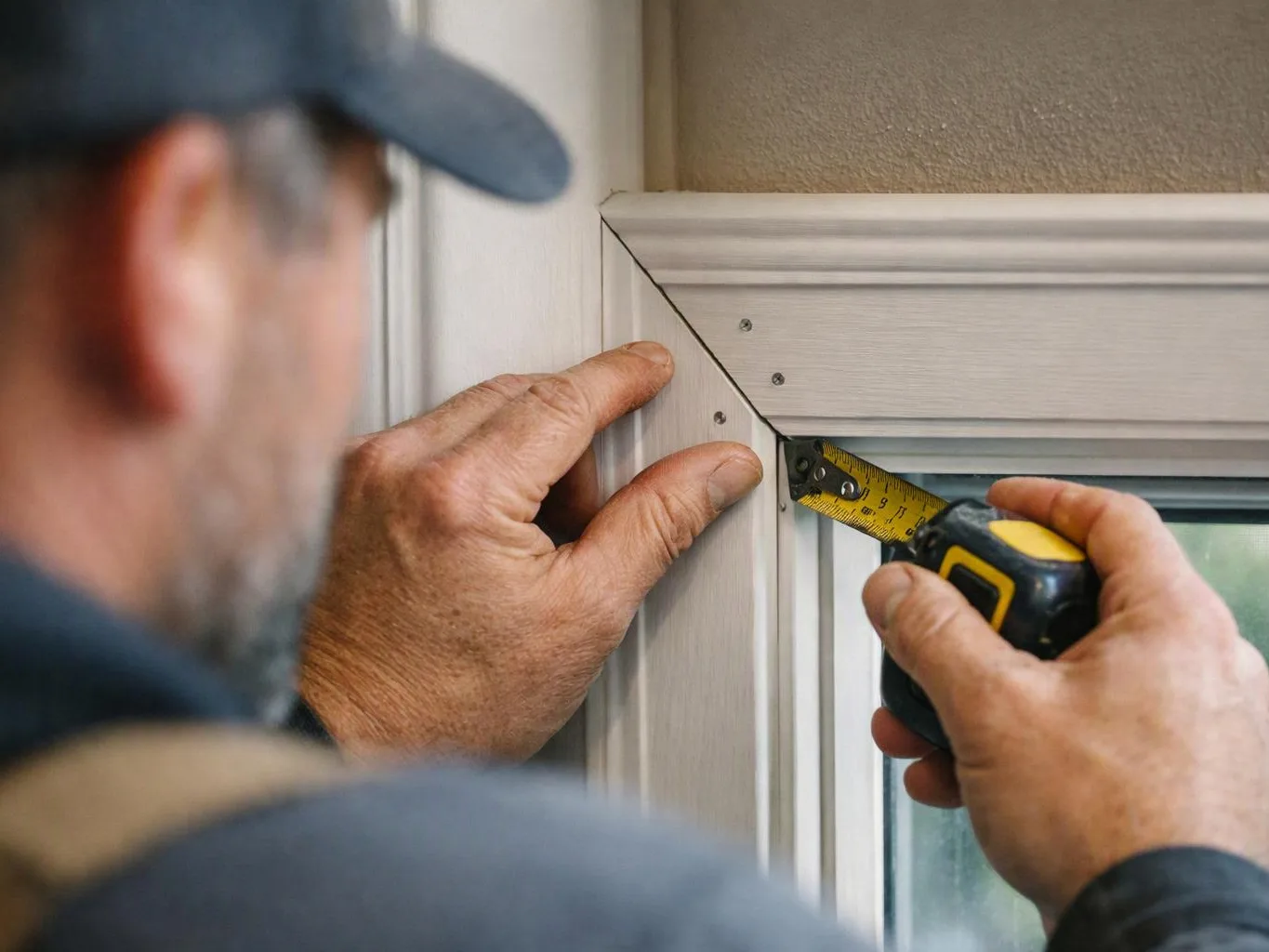 A worker measures a window frame corner with a tape measure inside a room