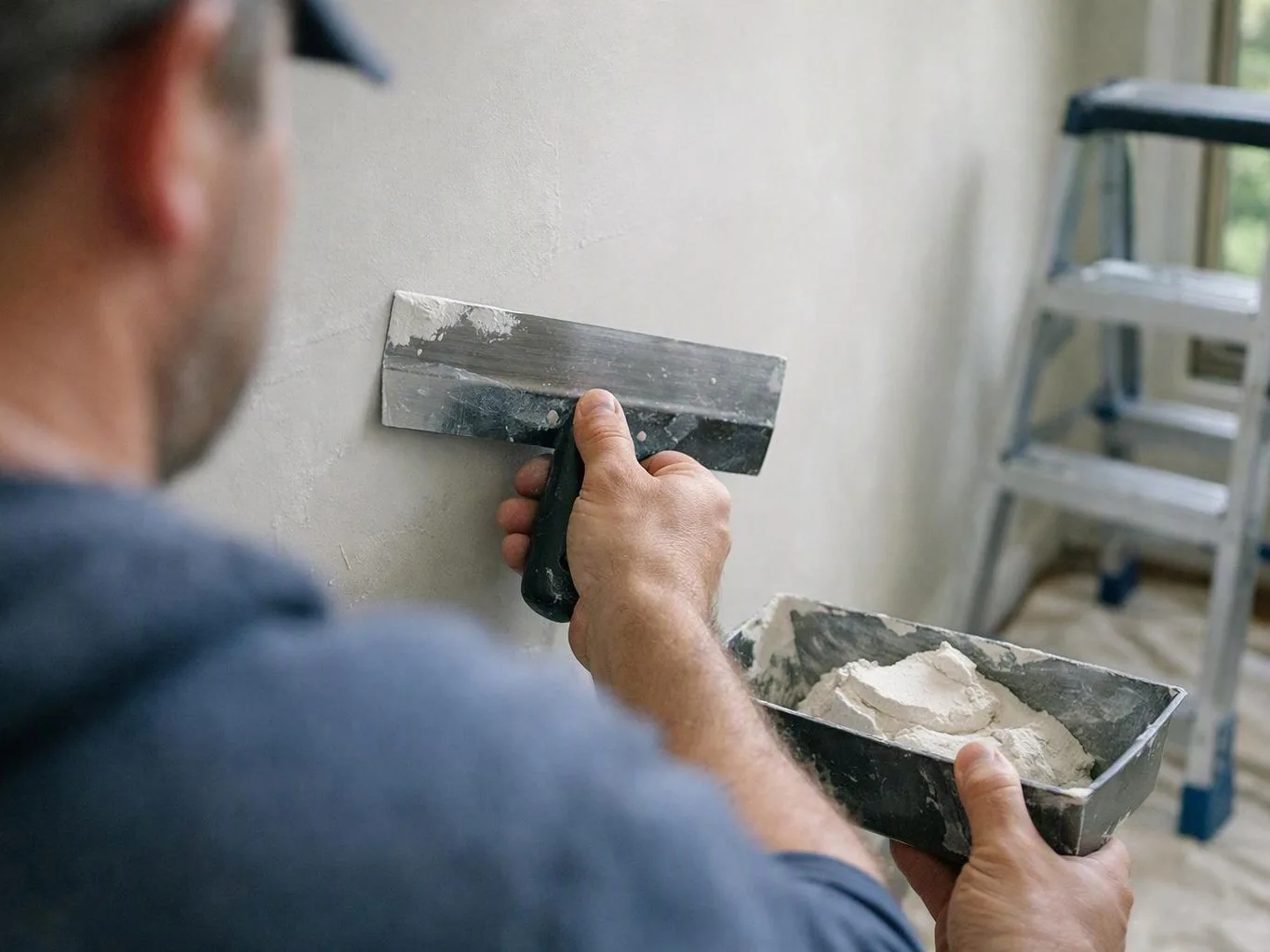 A worker spreads plaster on a wall with a trowel, holding a tray of compound beside a step ladder